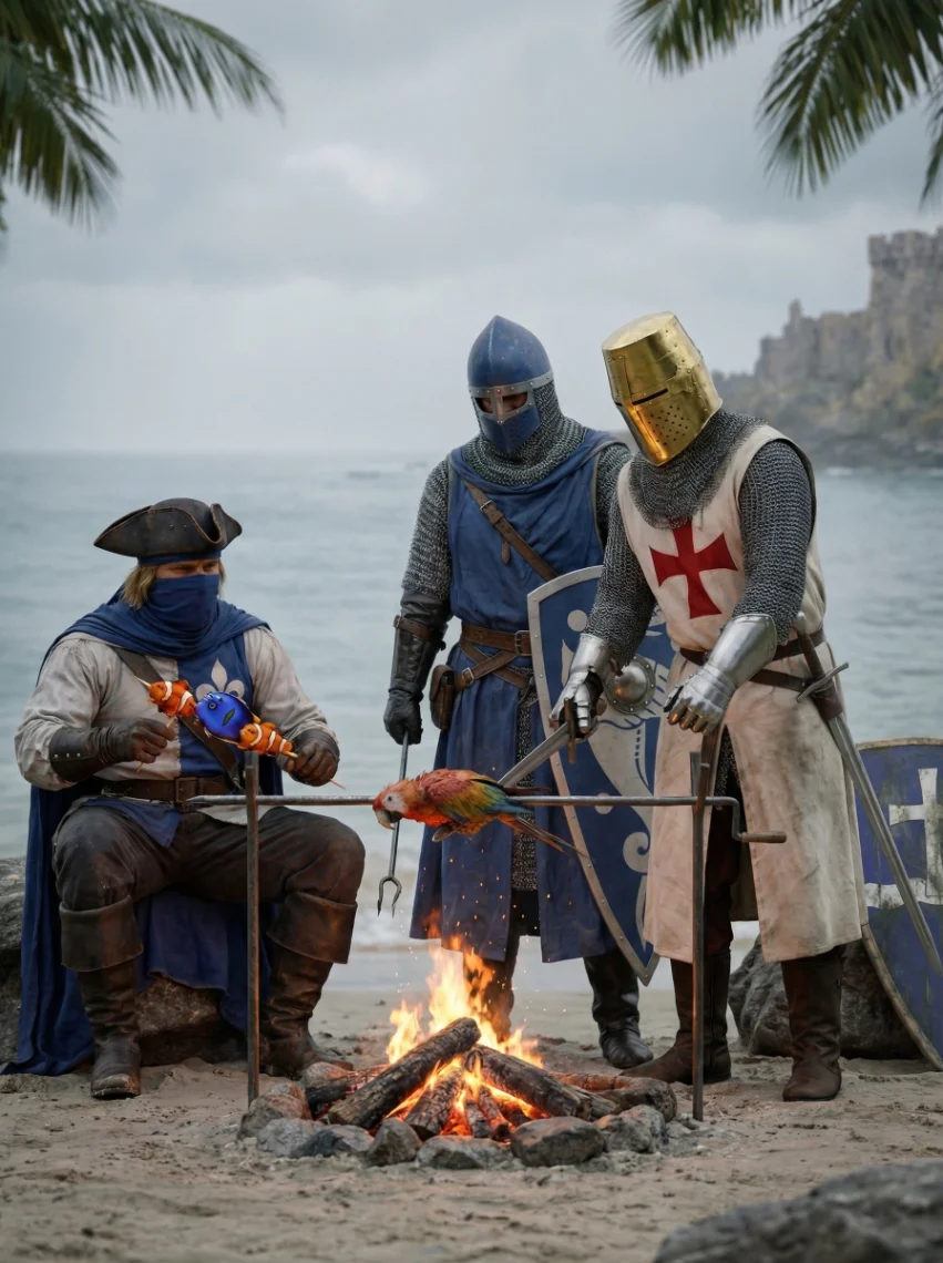 Chevaliers en armure autour d'un feu sur une plage, château en arrière-plan, tournage EpicWave Studio.