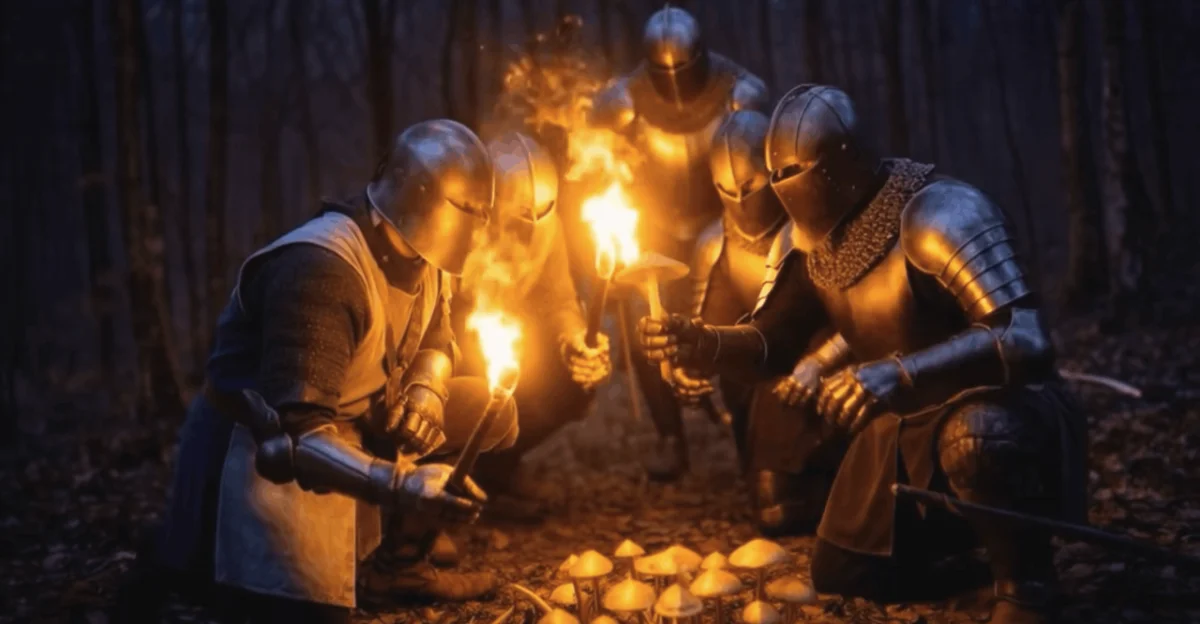 Chevaliers en armure agenouillés autour de torches et de champignons lumineux dans une forêt nocturne, AI Liveset Live à Hauteroche.