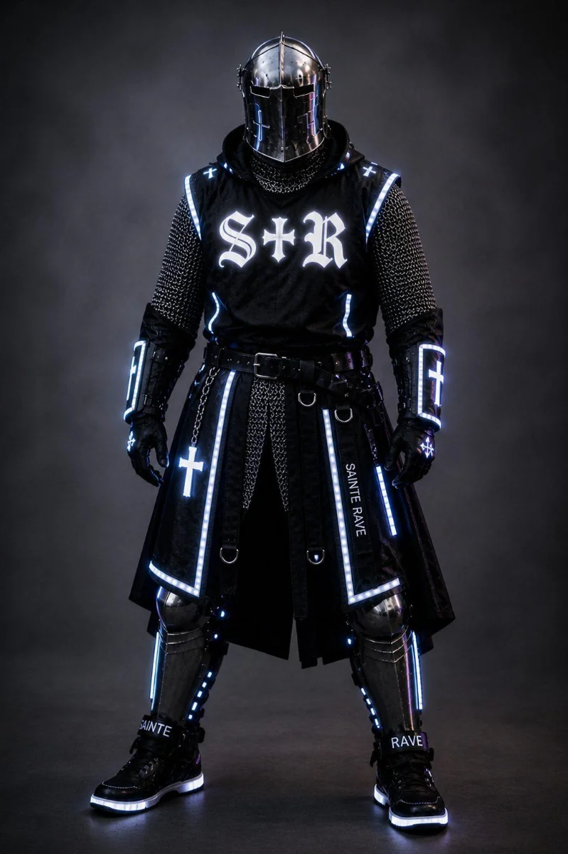 Costume de chevalier futuriste à LED avec logo S†R, character design Sainte Rave.